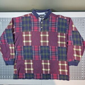 Vintage Jos J Oliver Rugby Shirt Large Patchwork Plaid 80s Polo Retro Preppy 90s